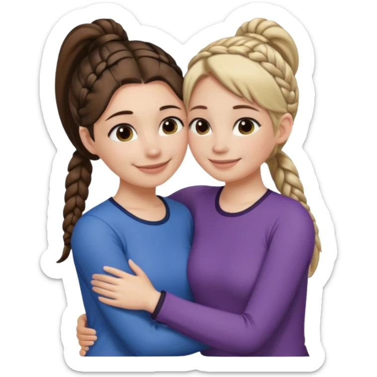 Comforting Hug two white skin women, one shorter woman with medium brown simple top ponytail, not braided, and one taller woman with a single long black side braid sticker