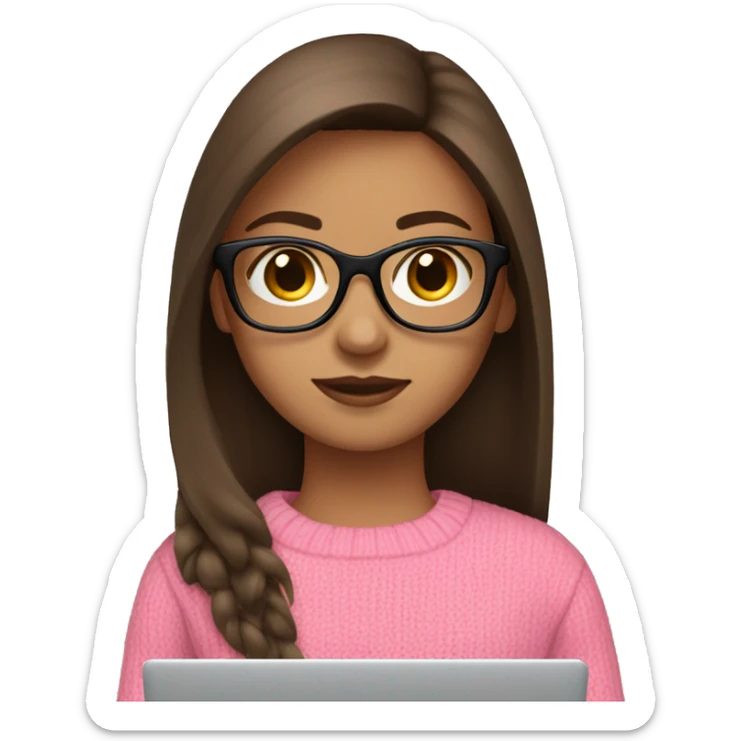 Girl with straight brown hair and black glasses frame and in pink sweater working behind laptop sticker