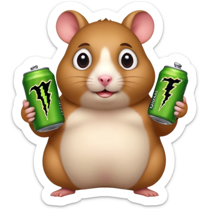 Funny cartoon-style fat hamster wide eyed holding a can of monster energy in one hand and redbull in the other hand sticker