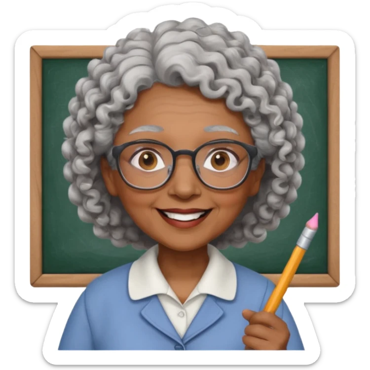 old woman teacher, brown skin, curly grey white hai, wearing glasses, hold chalk on hand sticker