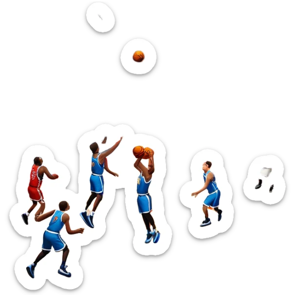 An icon showing a basketball court with players in action, inspired by NBA 2K25. A player jumps for a dunk, the ball mid-air, with the court’s floor and surrounding basketball arena visible. Bright lights highlight the excitement of the game. Transparent background. sticker