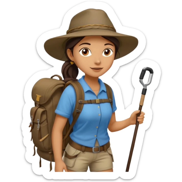 women, long dark brown hair in ponytail with wide brim hiking hat. Walking with backpack and trekking poles.  She is a pilgrim on the Camino Frances on her way to Santiago de Compostela sticker