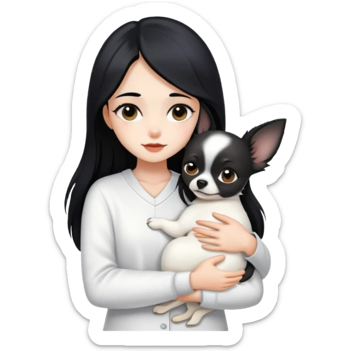 Fair skin girl - long black hair - white clothes - hugging a black chihuahua sticker