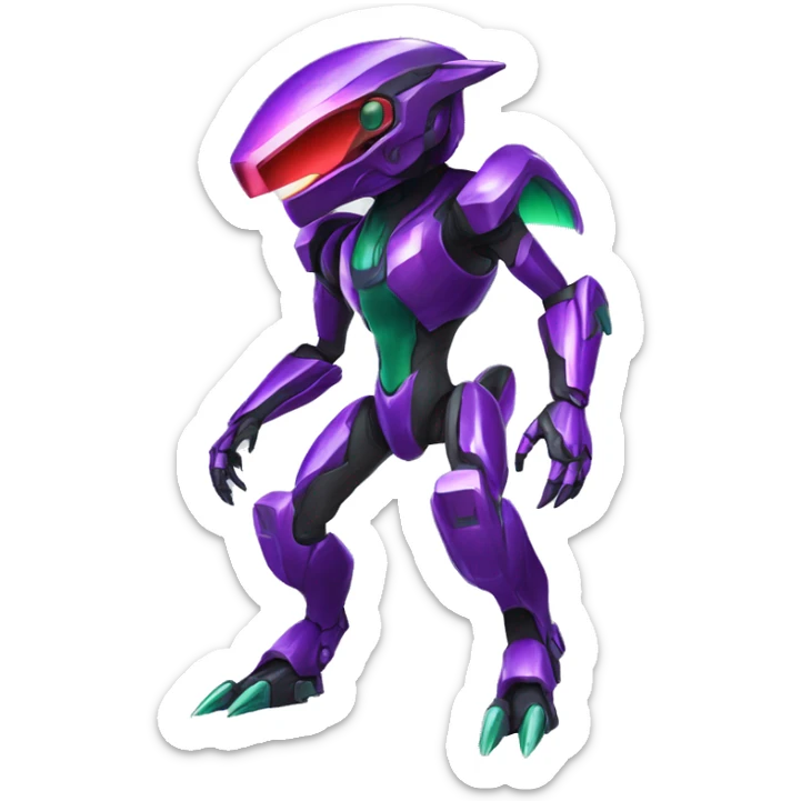 a shiny purple-green-red Genesect-Raptor-Fakémon—hybrid with a futuristic visor-helmet full body sticker