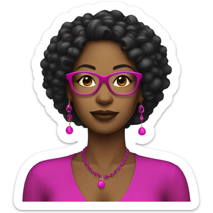 black women with earrings with fuchsia glasses with long black curly hair sticker