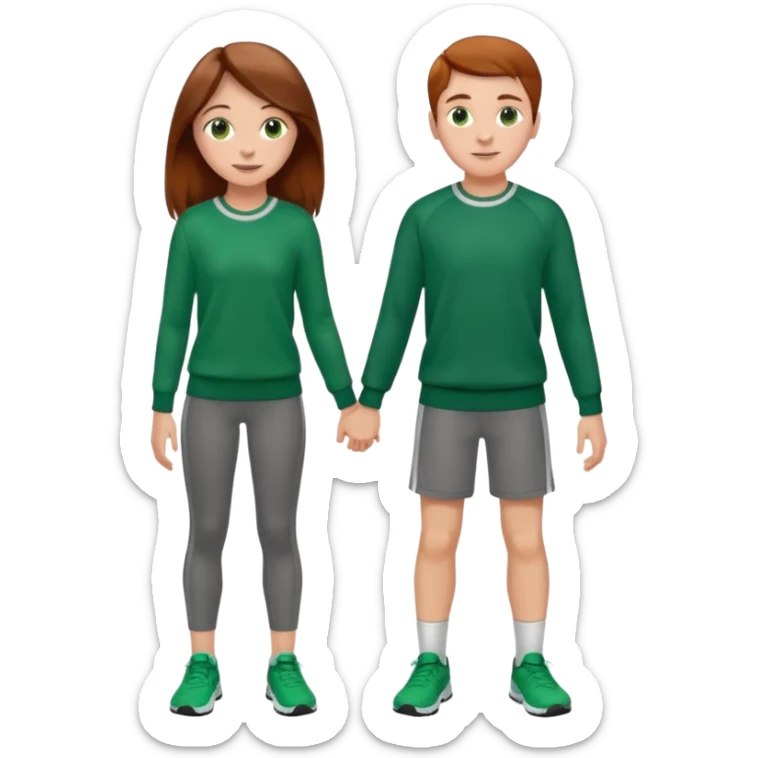 full-length happy couple, girl with long brown hair and hazel eyes in green sweater, boy with auburn hair in sportswear sticker