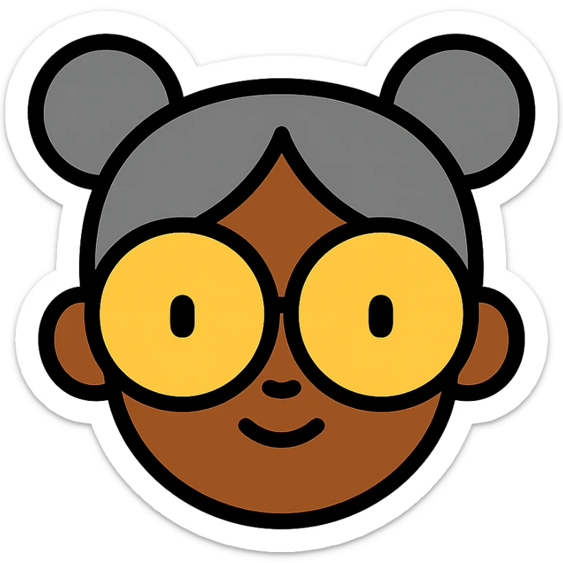 african american girl head with oversize glasses and gray hair in bunches, color outline icon sticker