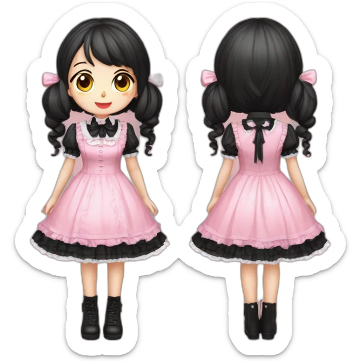Vestido rosa y negro gothic lolita, cuerpo completo, piel morena, pelo largo y rojo sticker