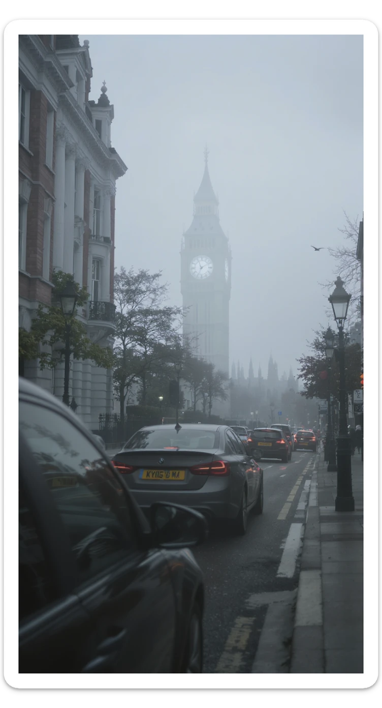 Cinematic shot of a london street, cloudy foggy day, soft light, leading lines to big ben in distance, multi composition, in foreground blurred car, on second street around UK bulding, od another plan in distance big ben, birds flying, artistic look, captured on arri alexa 35 sticker