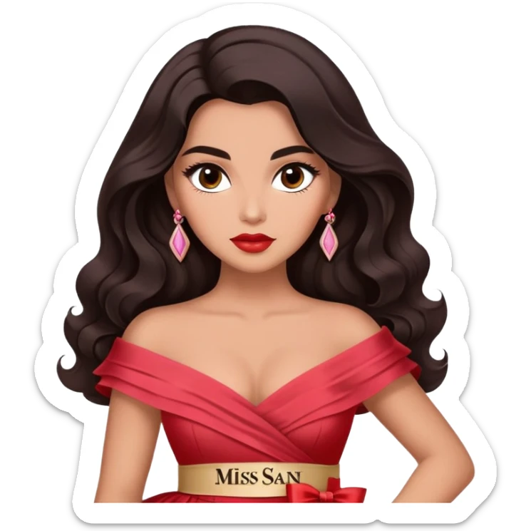 A woman with canela-toned skin, dark voluminous hair in waves, expressive eyes with soft lashes and shimmer, full lips with a glossy nude-pink color, wearing a red dress and a white sash with “Miss San Juan” in black letters, exuding elegance and confidence sticker