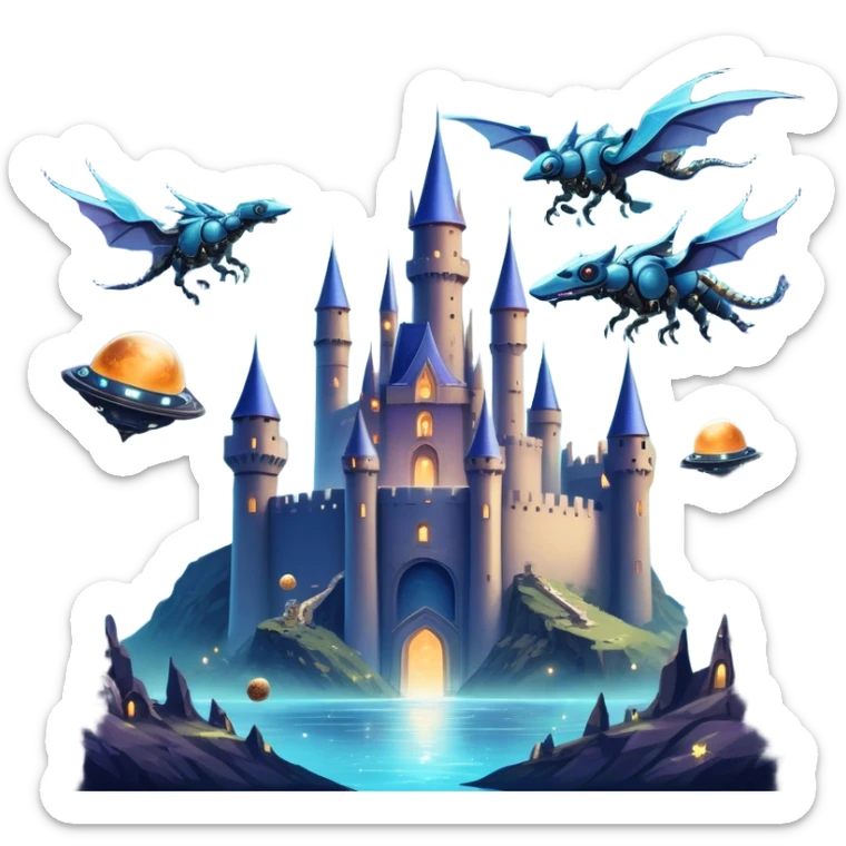 Icon for Fantasy and Sci-Fi Movies: A magical collage with flying dragons. futuristic spaceships and UFOs. Stars and planets shimmer in the background with a mystical castle Hogvards an ancient wizard and robots. The atmosphere is epic, otherworldly and adventurous. Transparent background. sticker