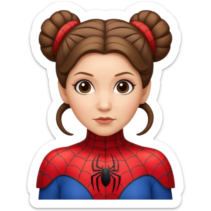 Princess Leia with iconic hair buns wearing a Spiderman suit, emoji style sticker