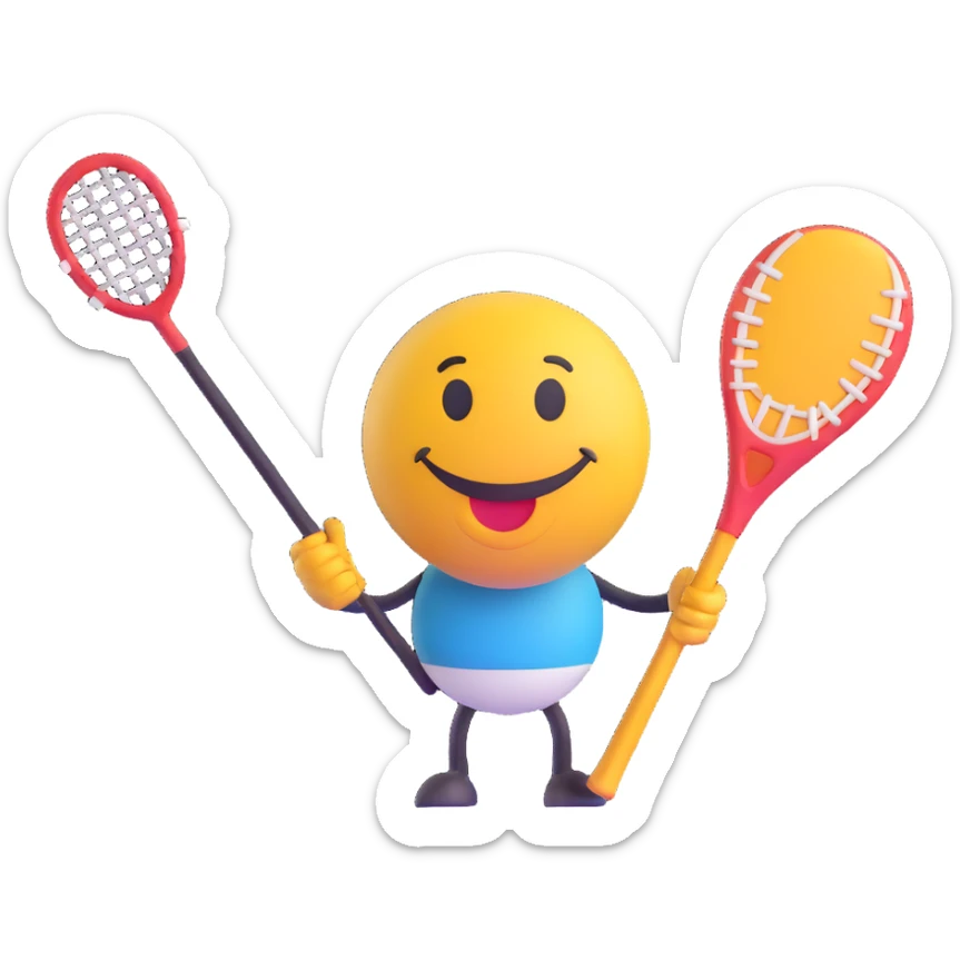 3D smiley emoji, round shape, holding lacrosse stick and ball, sporty face, transparent background (lacrosse) sticker