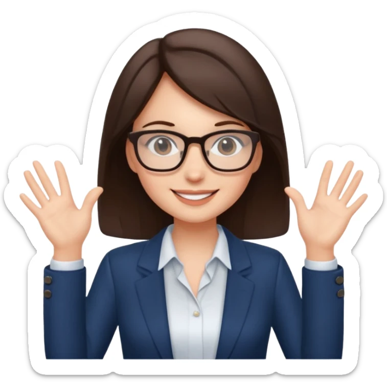 a cute brunette girl in a business casual attire  wearing glasses  with two hands  sticker