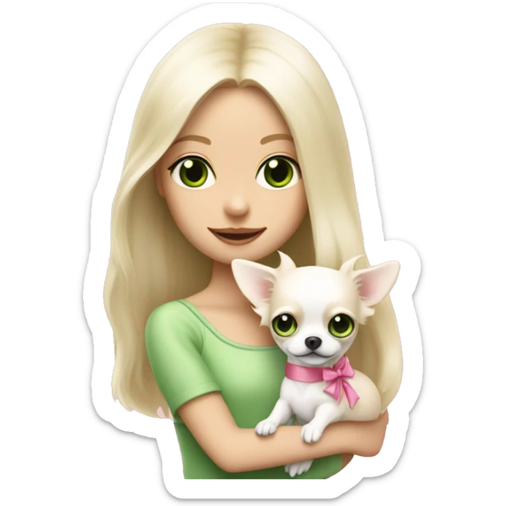 pale blond girl with long platinum hair with green eyes holding a white chihuahua puppy that wearing a pink bow sticker
