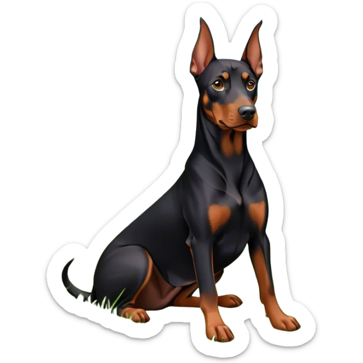 Close-up of a Doberman Pinscher sitting on lush green grass, looking alert and majestic. The background features a beautiful, serene nature view with rolling hills and bright blue skies. The dog’s sleek black and tan coat shines under the sun. Transparent background. sticker