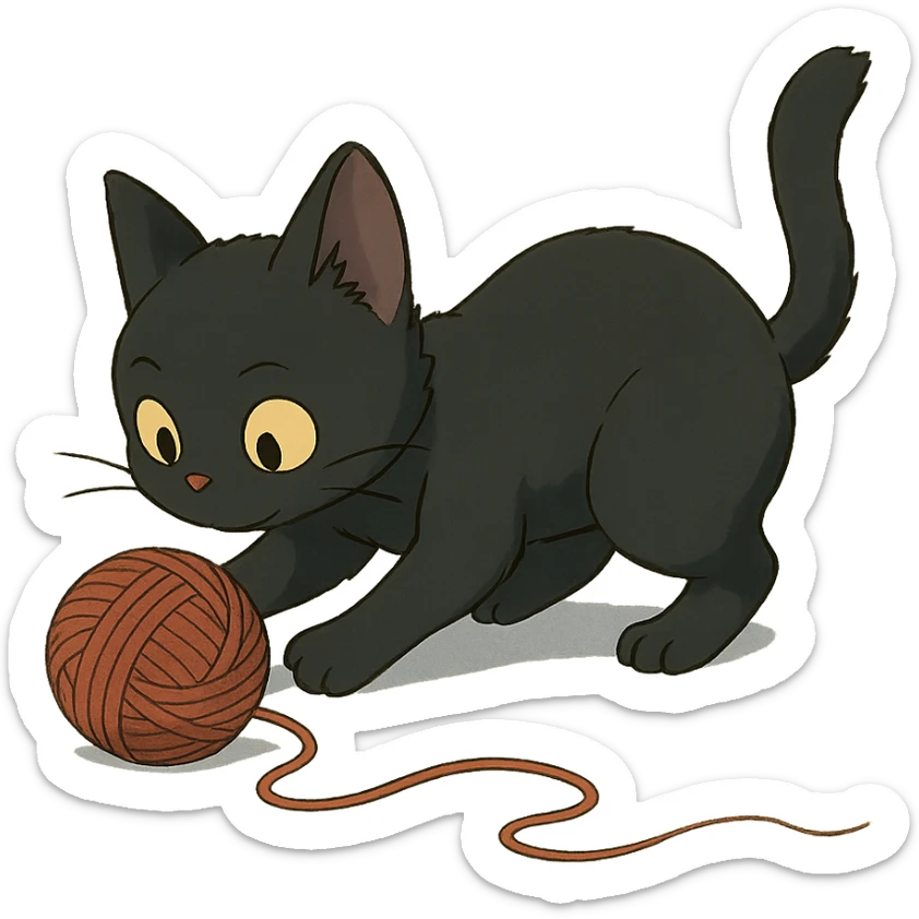 a young black cat playing with a ball of yarn, ghibli style sticker