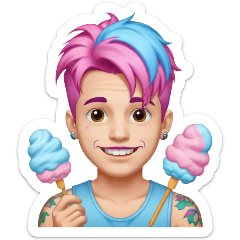 happy colorful haired man made out of cotton candy with braces and tattoos and just face not holding anything sticker