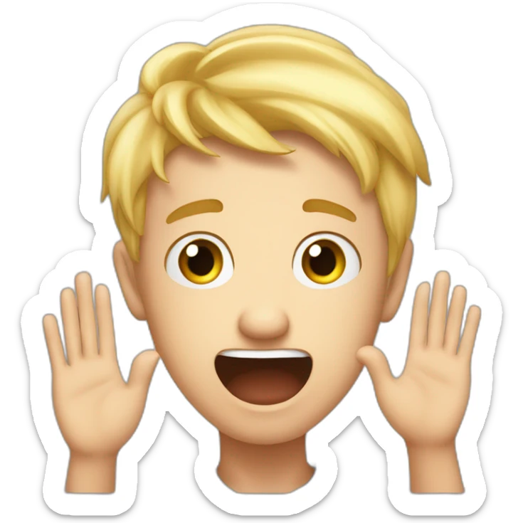 It was not me, I am innocent. Portrait of confused nervous little blond man raising palms up in surrender and staring sticker