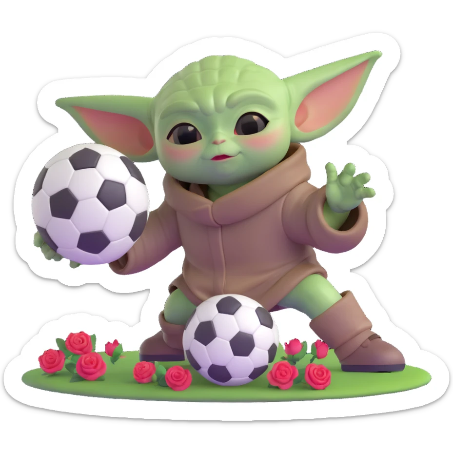 baby Yoda kicking a soccer ball with small roses beside him sticker