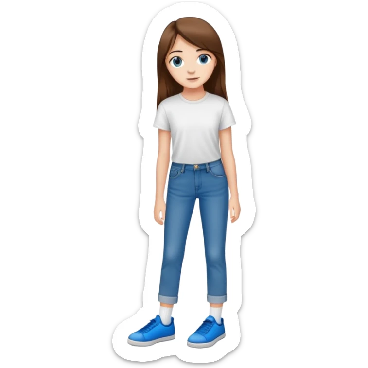 A cute 16 year old white girl that has long straight brown hair wearing a white T shirt as well as LONG blue jeans with BROWN eyes, and wearing black socks and blue shoes sticker