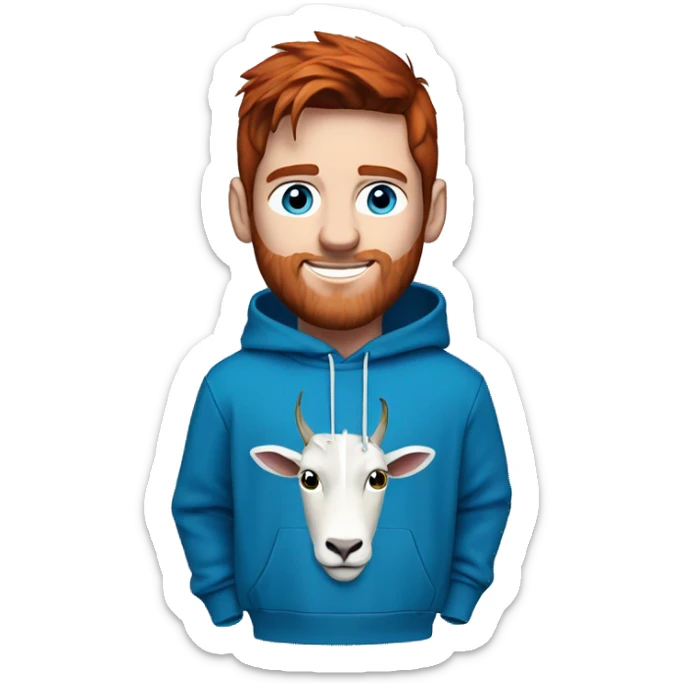 messi with a blue goat, blue eyes, puma hoodie, reddish hair, freckles  sticker