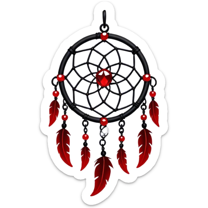 Blood-red, bloody, obsidian-black, edgy, dream catcher, red gemstones, black wires, black threads, tiny skulls, sticker