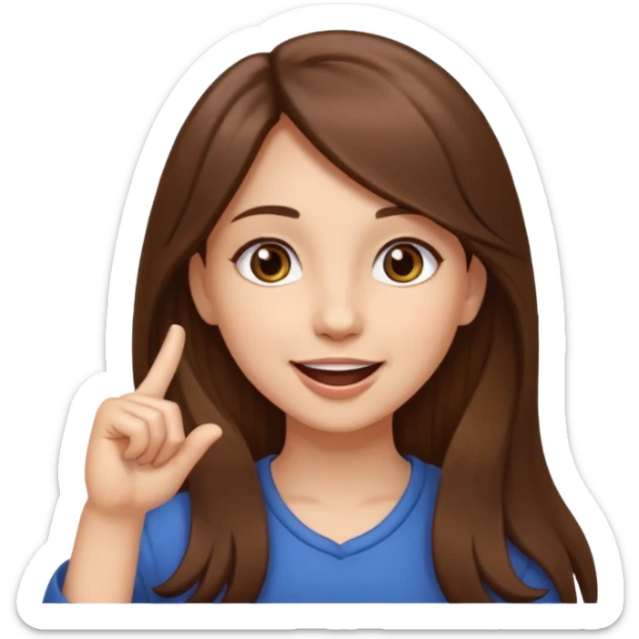 Emoji Fille cheveux long et brun yeux brun avec un doigt dans la bouche et sa mains un peut lancer et quel elle sourit  sticker