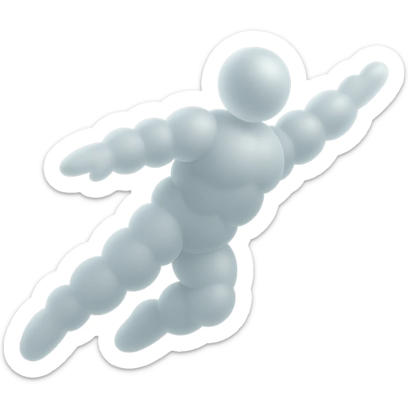 flying person made entirely of white convex clouds, matte glass style, minimalism sticker