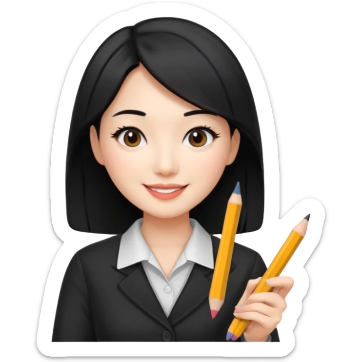a korean cosmetics marketing expert women with black hair, holding pencil and phone sticker