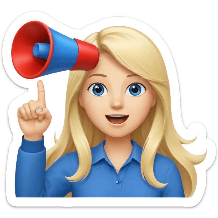  blue eyes blonde girl yelling into megaphone with right hand smiling long hair holding up left first finger sticker