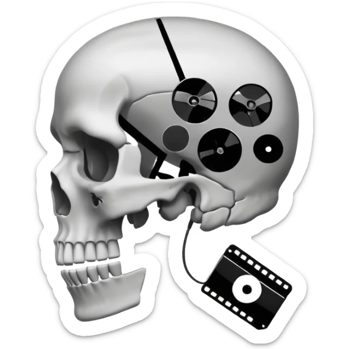 Minimalist emoji-style sticker of a human skull in profile, with a film reel replacing the brain. Grayscale icon with bold silhouette.
 sticker