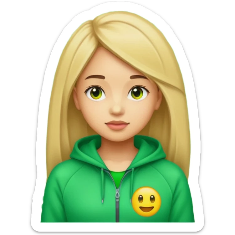 ​"A mosaic portrait of a girl in a green tracksuit, made of tiny emojis, digital art style, pixelated emoji textures, vibrant colors, creative composition." sticker