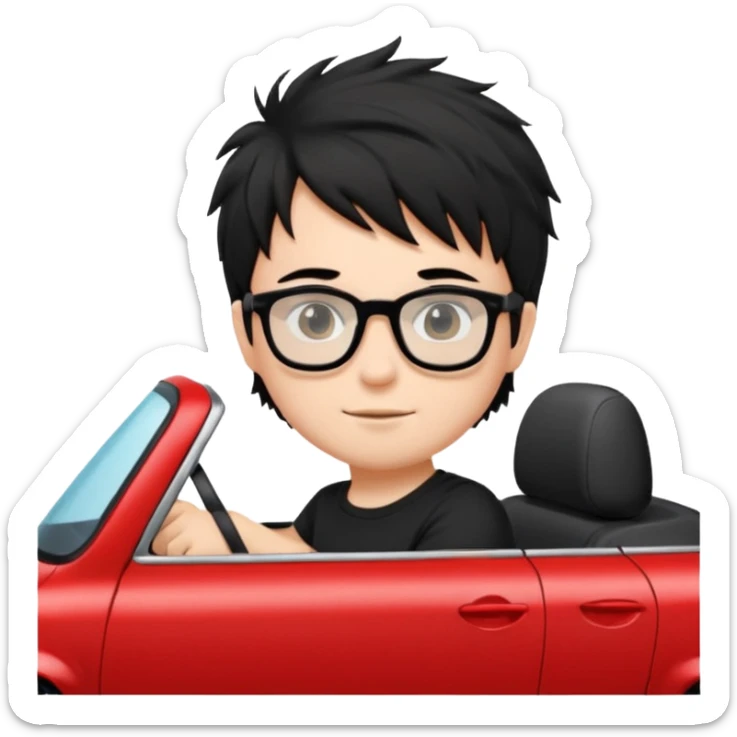 generate a pretty bratz fair skinned boy with black messy hair wearing a black tshirt driving a red car. Glasses on.  sticker