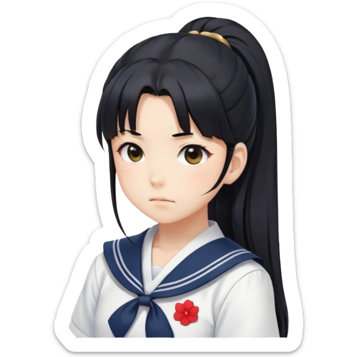 Serious anime girl with long black hair in high ponytail wearing Japanese sailor style school uniform, stern expression, kawaii style sticker
