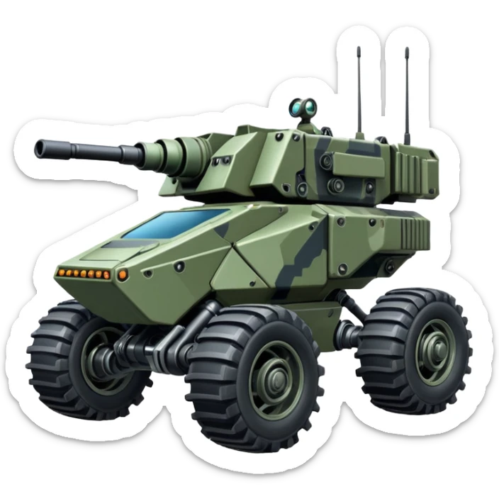 a roomy 4-wheel armored stealth camouflage army massive mech trail vehicle shooting forward side-hill leaning actively independent suspended pod gimbal enemy mech off-road racing rover with large fast engine  sticker