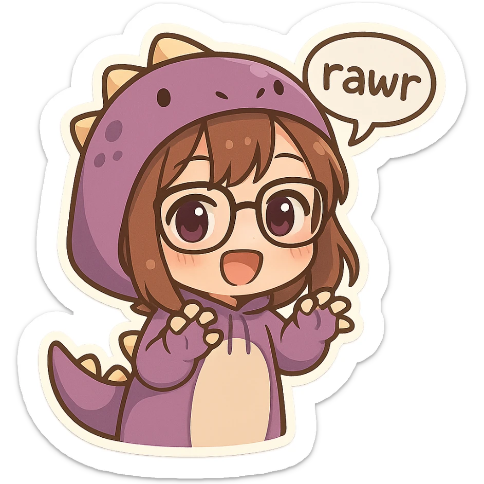 chibi anime style girl with glasses, brown hair, dark purple eyes, wearing a purple dinosaur costume, saying 'rawr' in a cute playful way, with a speech bubble sticker