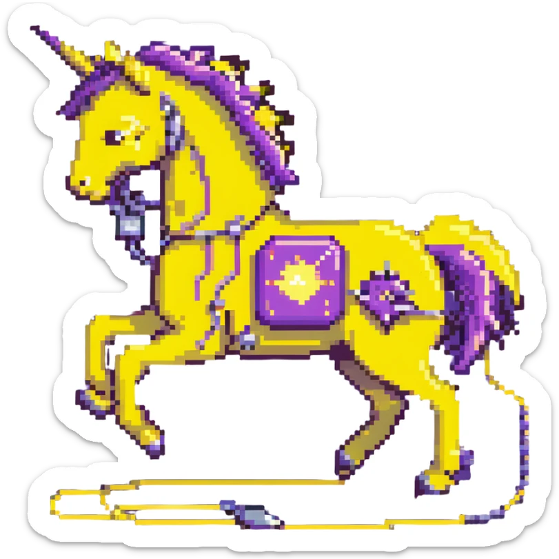 A yellow electric horse in pixel art style, made of electricity and lightning, with visible yellow wires, bolts shooting from its body as it runs. sticker
