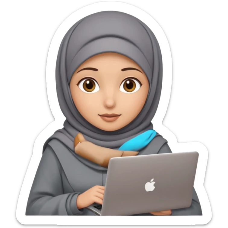A girl wearing a gray hijab and with hazel eyes is carrying a laptop, not a laptop, just a regular laptop. sticker