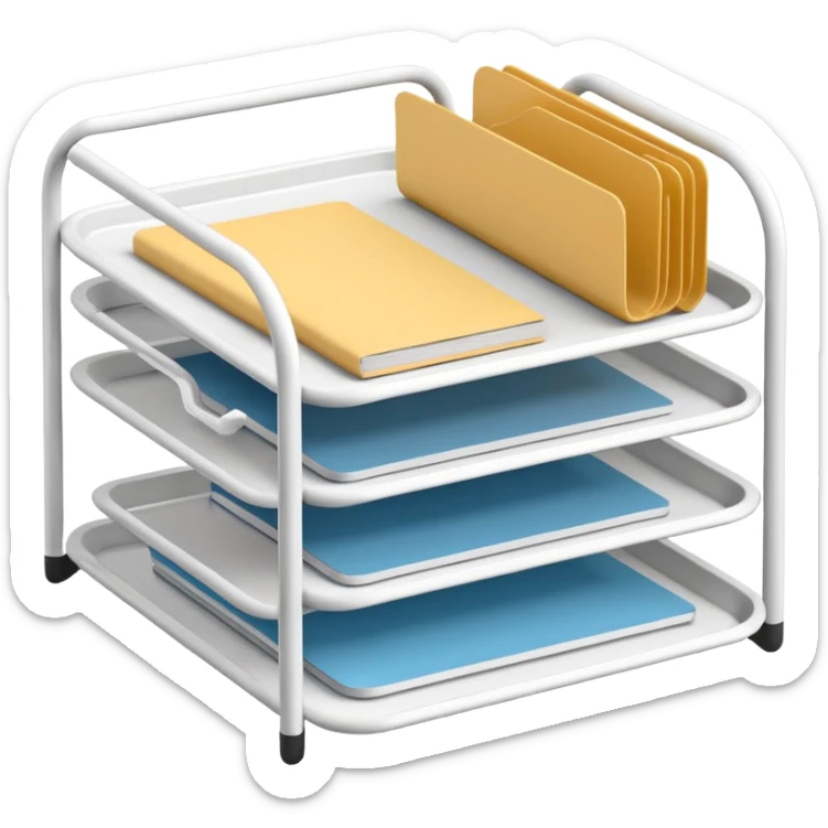 A minimal, clean emoji-style illustration of a white metal desk paper organizer tray, shown in slight isometric view so its structure is readable at a small scale. The organizer is rectangular with rounded corners, made of thin white metal wires, forming two to three stacked horizontal slots.
 sticker