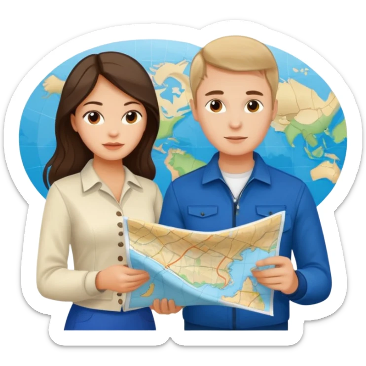 Russian young man and elegant fair-skinned Latina girl in costal outfits with a map planning  sticker