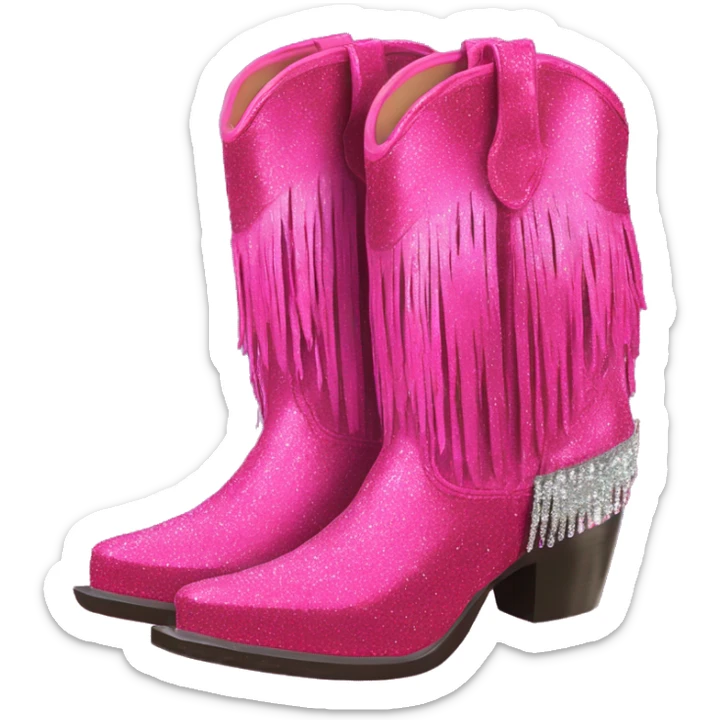 Realistic hot pink fashion cowgirl boots with sparly shiny glitter fringe on them. sticker