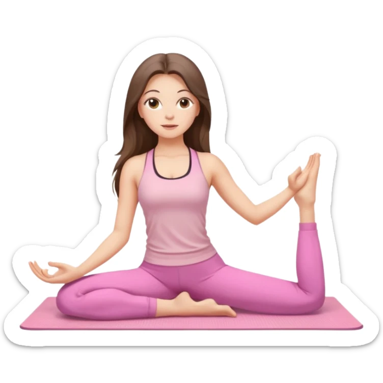 white brunette girl long hair with hazel eyes in light pink workout clothes stretching on a yoga mat sticker
