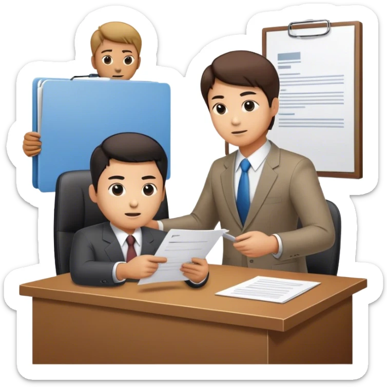 “An emoji-style illustration of a Korean man bringing a document to his boss for approval. The man is dressed in office attire, holding a document folder or papers, and approaching a superior who is seated at a desk. The boss appears authoritative, possibly reviewing or signing the document. The setting suggests a professional office environment, depicted in a minimalistic and expressive emoji-like style.” sticker