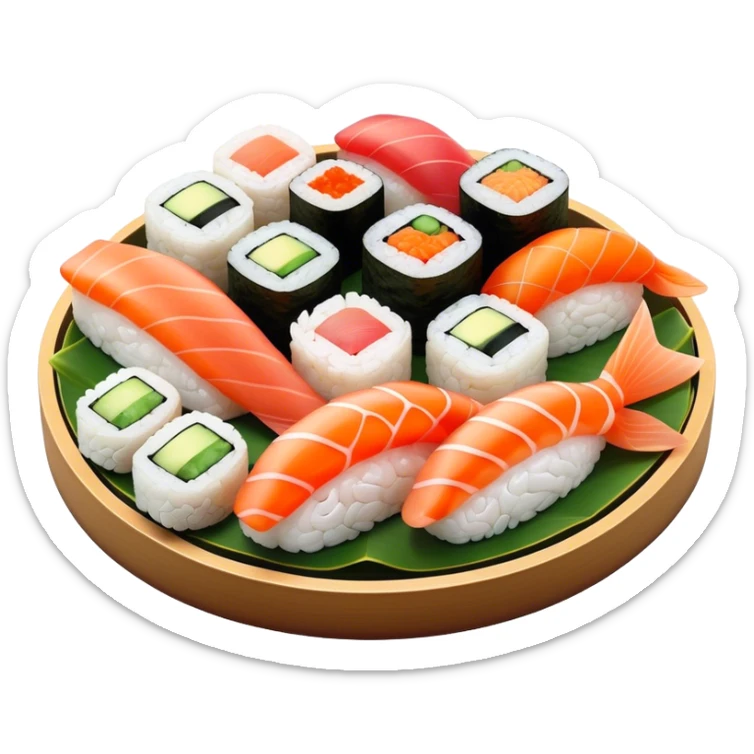 Cinematic Realistic Sushi Dish Emoji, depicted as an artful arrangement of fresh sushi with vibrant colors rendered with lifelike textures and delicate, natural lighting. sticker