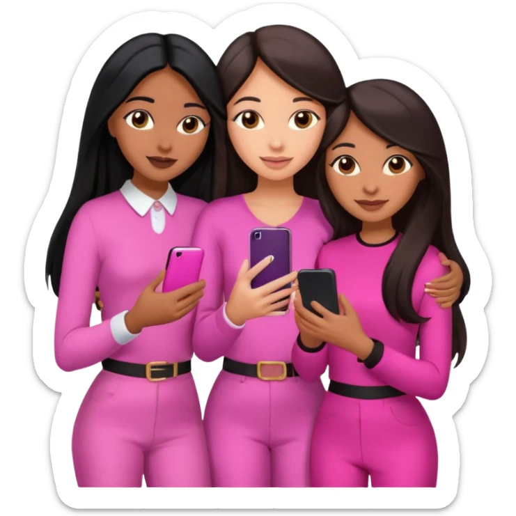 3 brown girl friends with a phone on their hand, one with black long hair light skin,  one with brown hair long and the other one with black with brown medium length hair . Wearing pink glammed up and hugging  sticker