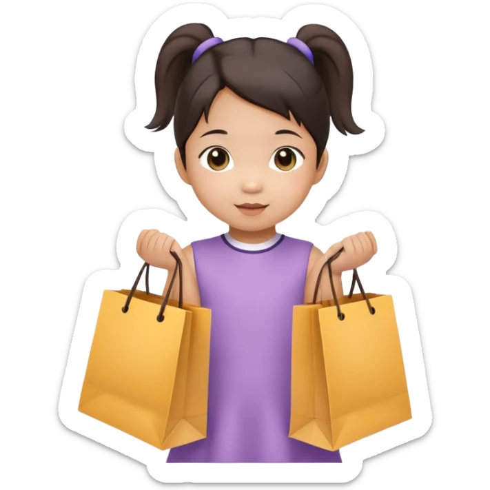 Asian toddler girl in 2 pony tails holding shopping bag sticker