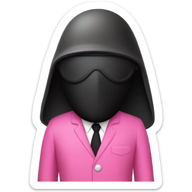 "Emoji of a Squid Game guard in a pink suit, black mask with a white shape (circle, triangle, or square), cartoon style, simple and recognizable sticker