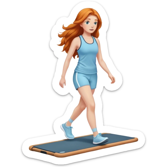 Gorgeous Ginger girl long hair walking on walking pad light blue gym outfit sticker