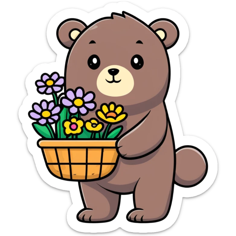 bear carrying a basket of wildflowers, soft pastel brown and cream sticker